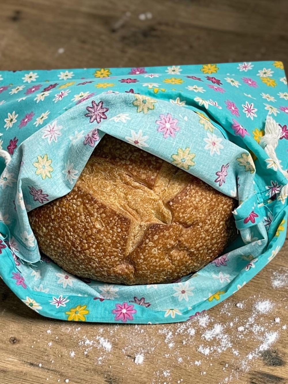 Teal Floral Cotton Bread Bag | Reusable Sourdough Storage Bag | Eco-Friendly Bag